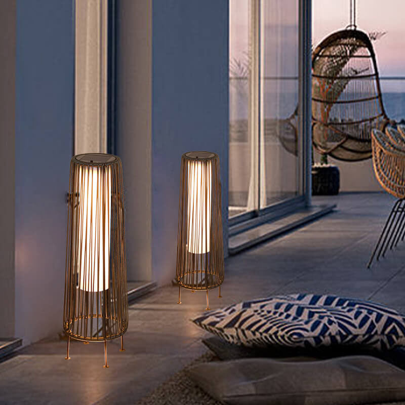 Modern Shabby Chic Solar Rund Trapezförmiges Eisen Rattan Korb LED Außenleuchte Für Außenpatio | Brehn