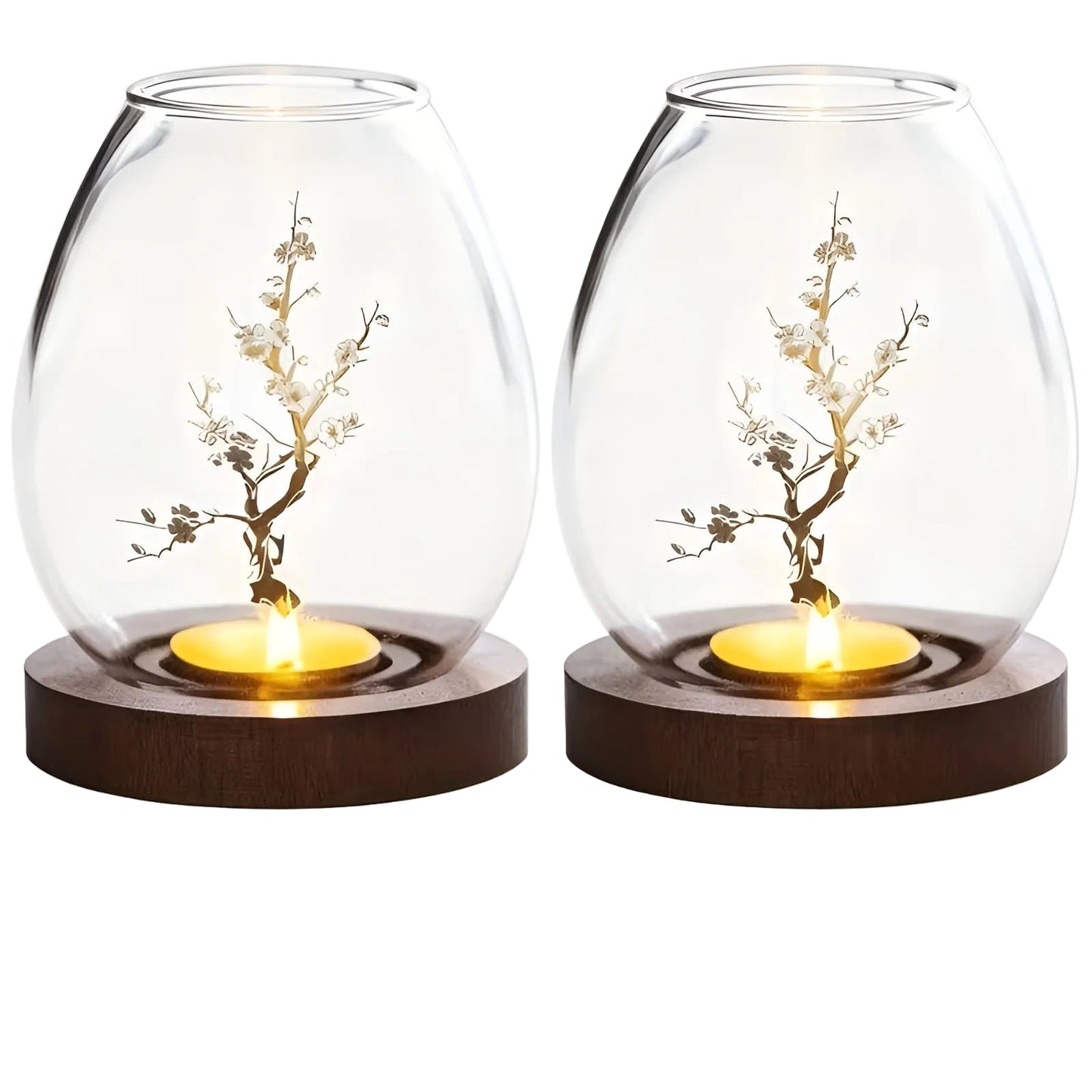 2-teiliges Set aus Glaskerzenhaltern mit Holzsockel – dekorativ im Retro-Zen-Stil | Perfekt für Wohnzimmer, Terrasse und Außenbereich