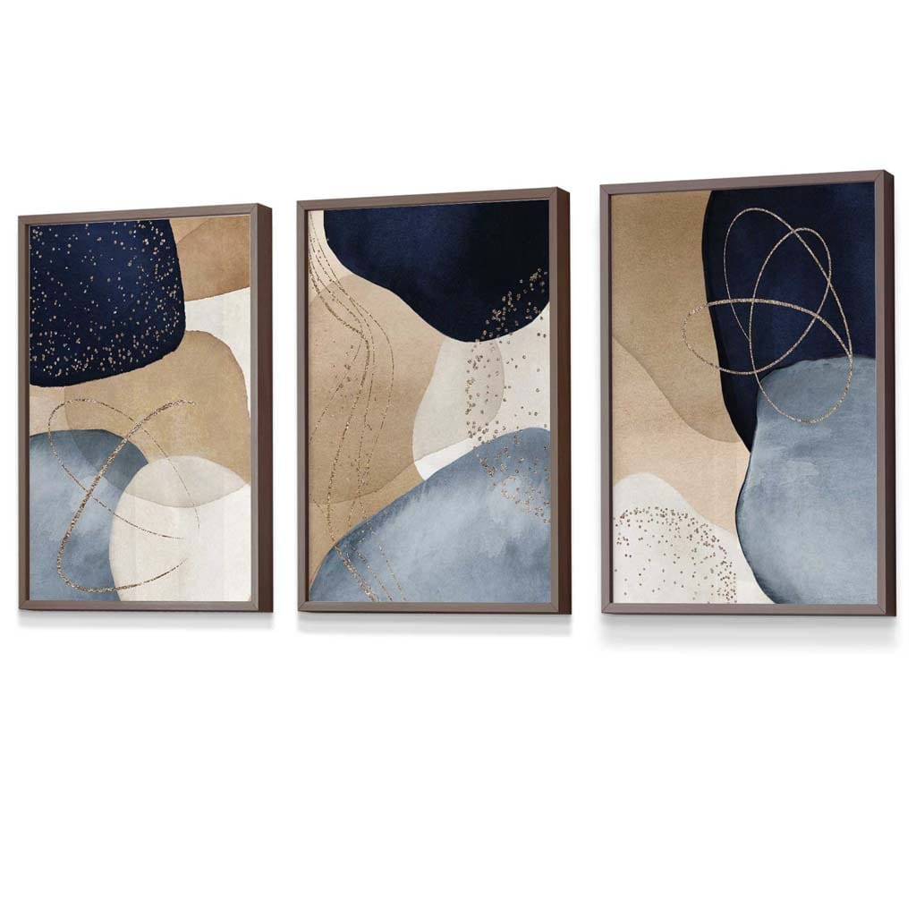 Abstrakte blaue, beige und goldene Formen – 3er-Set gerahmte Wandbilder