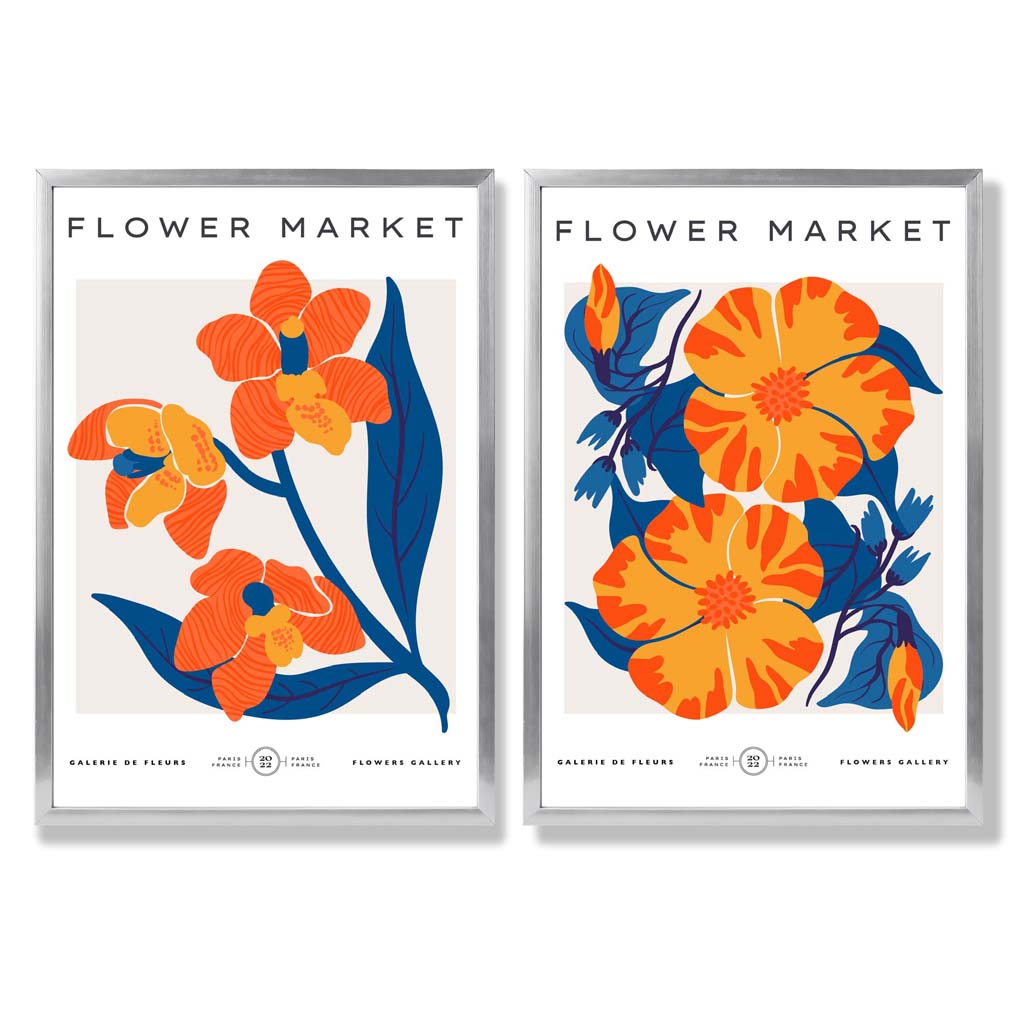 Set aus 2 gerahmten Kunstdrucken mit dem Motiv „Frühlingsblumenmarkt“ in leuchtendem Orange und Blau