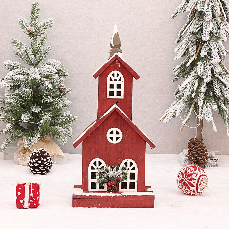 Beleuchtetes rotes Holzhaus, Weihnachtsdekoration