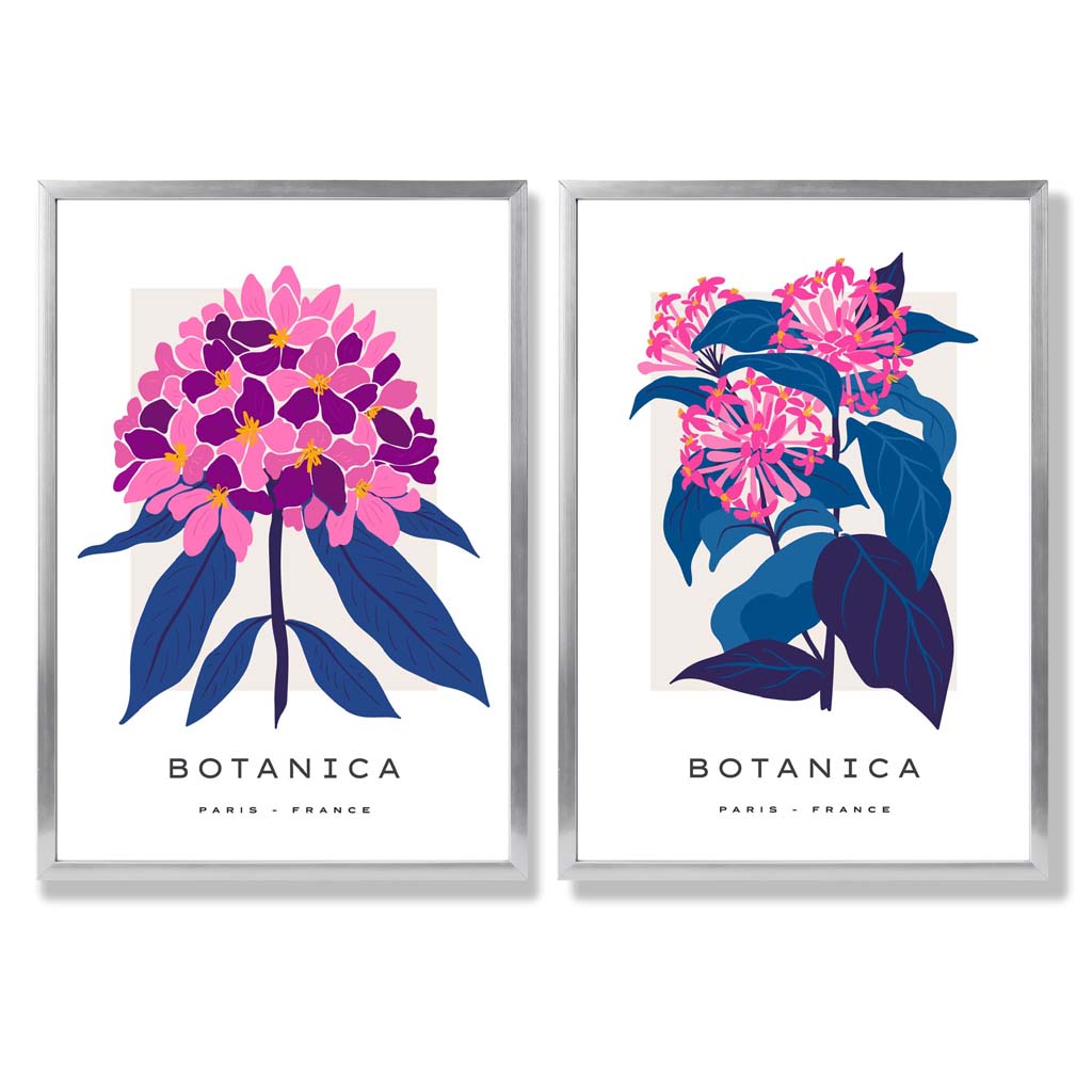 Set aus 2 gerahmten Kunstdrucken mit dem Motiv „Sommerblumenmarkt“ in leuchtendem Rosa und Blau
