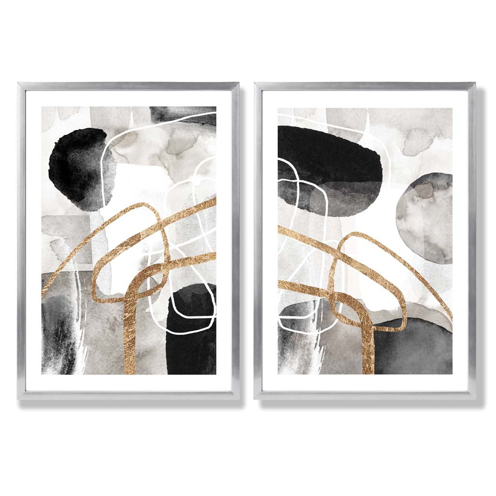 Schwarze und goldene abstrakte Formen, gerahmtes 2er-Set Kunstdrucke