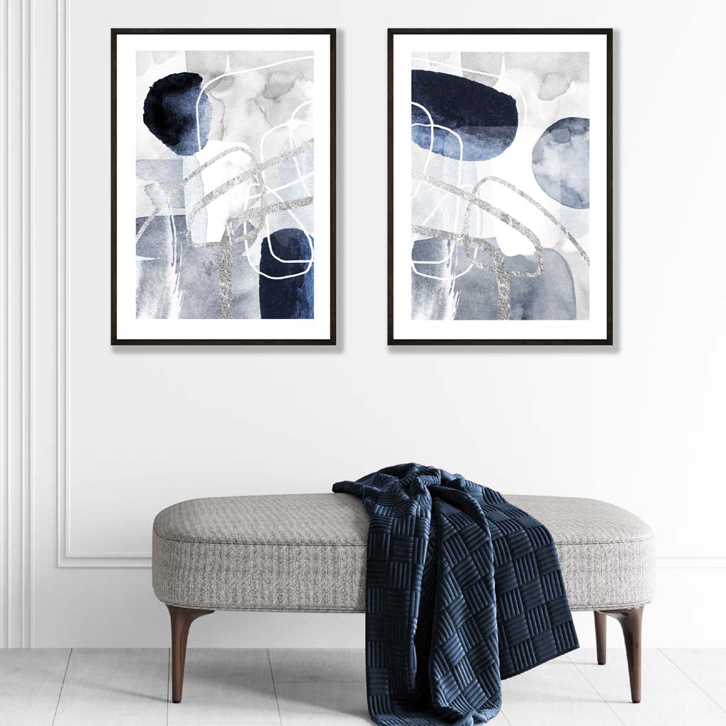 Set aus 2 Kunstdrucken mit abstrakten Formen in Blau und Silber