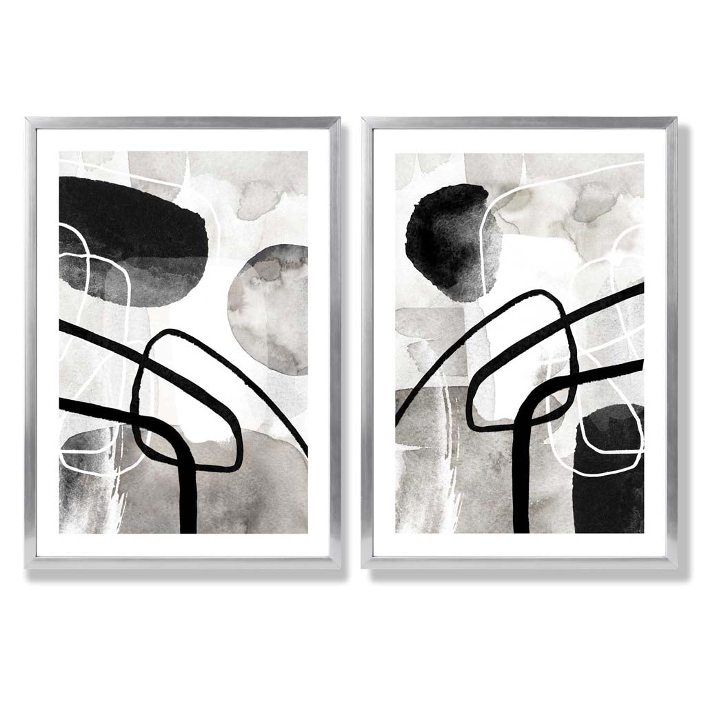Schwarze und graue abstrakte Formen, gerahmtes 2er-Set Kunstdrucke