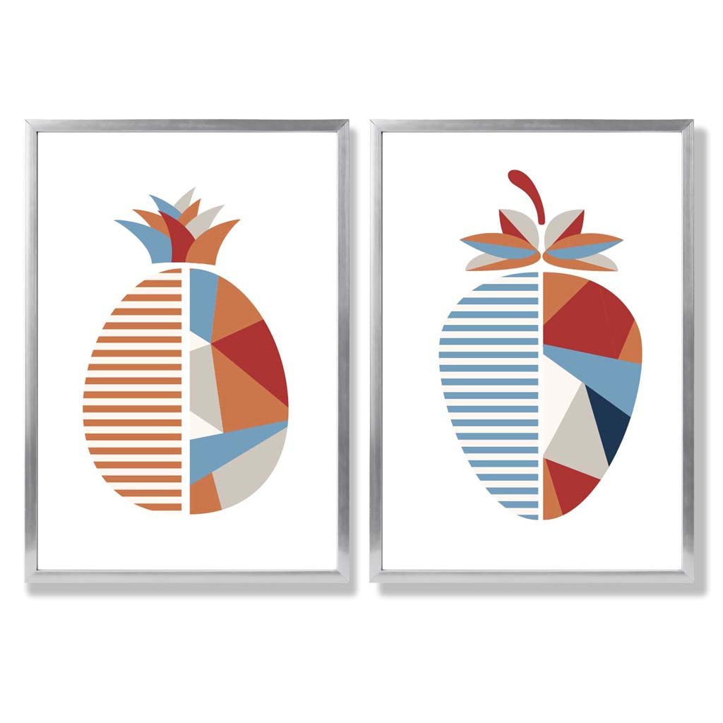 Set aus 2 Kunstdrucken mit geometrischem Erdbeermotiv in Blau und Orange