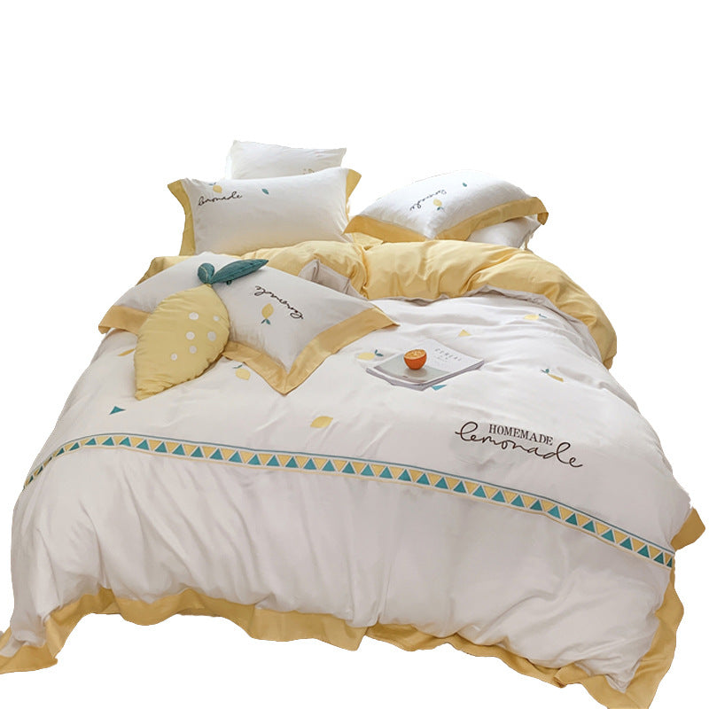 Zitronenmotiv Baumwollsatin Bettbezug Set mit Rüschensaum