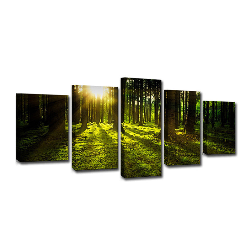 Brehn | Zonlicht Schijnt Door Bos Canvas Multi-Piece Moderne Woonkamer Muur Kunst in Groen
