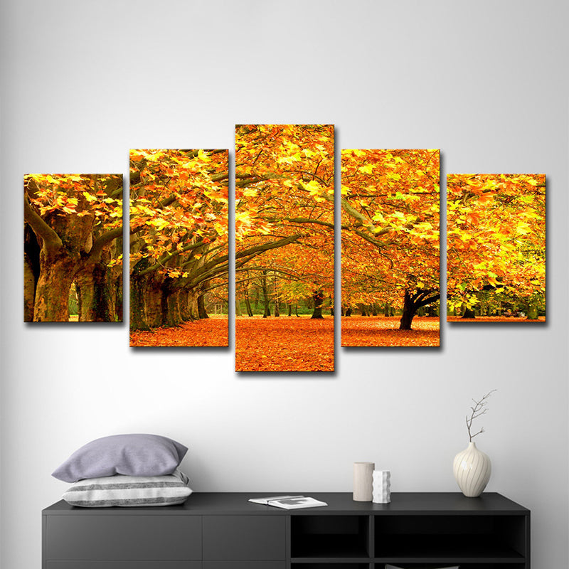 Brehn | Oranje Herfstlandschap Muurkunst Esdoornboomlaan Moderne Meerdere Stukken Canvasprint