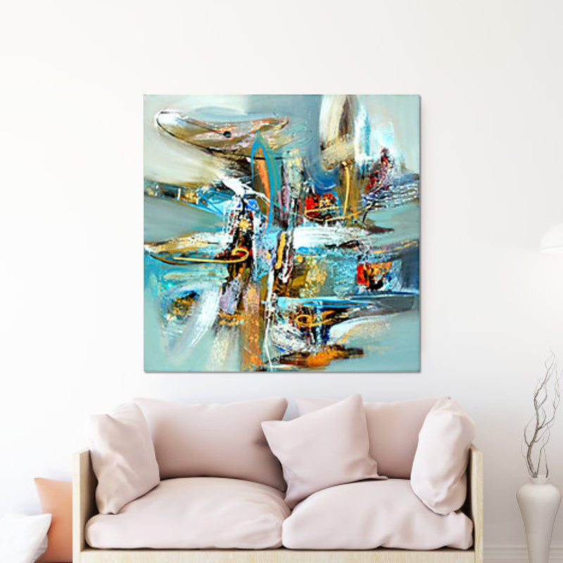 Brehn | Moderne Abstracte Graffiti Schilderij Blauwe Geweven Oppervlak Wanddecoratie Print voor Eetkamer