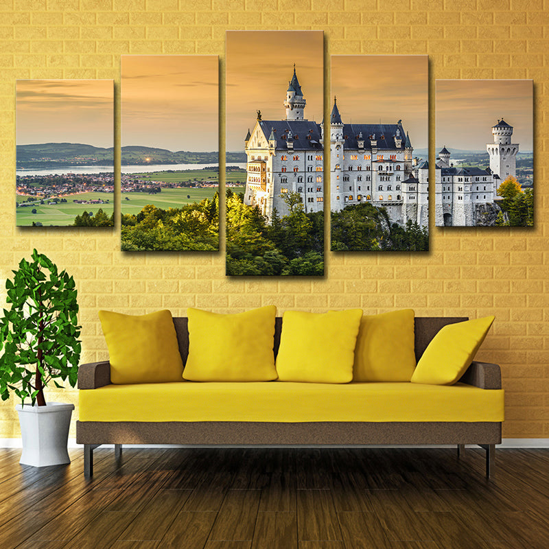Brehn | Moderne Villa Sonnenuntergang Landschaft Kunstdruck Weiß Mehrteilige Leinwand für Wohnzimmer