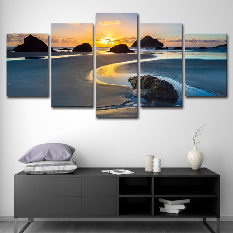 Brehn | Gelbe Sonnenuntergang Gezeitenflach Leinwand Mehrteilige Wandkunst-Druck für Hausinterieur