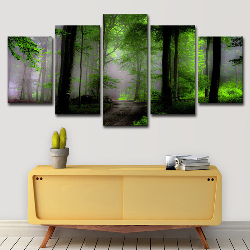 Brehn | Dawn Forest View Wandkunst Hedendaagse Rustige Natuurlijke Landschap Canvasprint in Groen