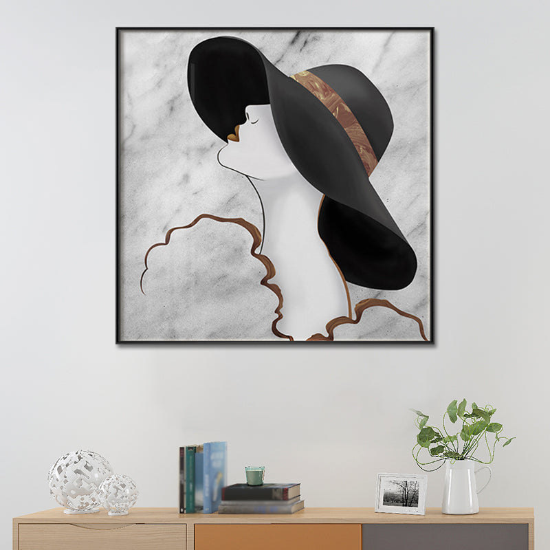 Brehn | Frau im Floppy Hat Leinwandkunst Glam Elegante Figur Wanddekoration in Schwarz für das Mädchenzimmer