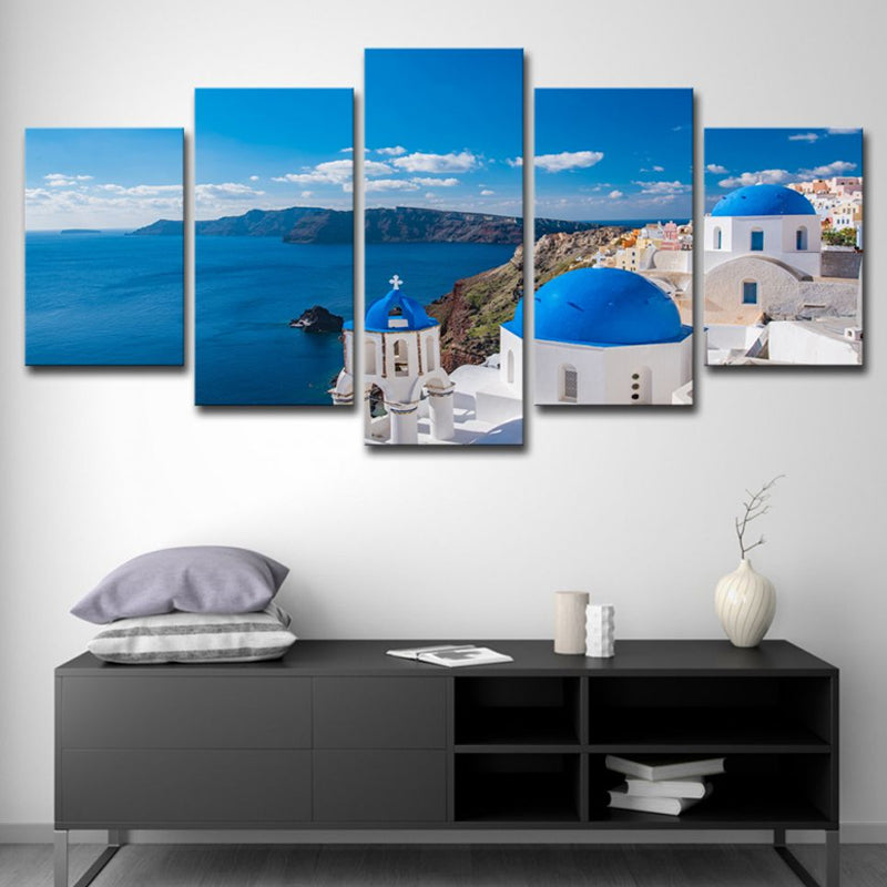 Brehn | Foto Druck Griechische Santorini Leinwand Wandkunst für das Wohnzimmer. Blau und Weiß, Mehrteilig