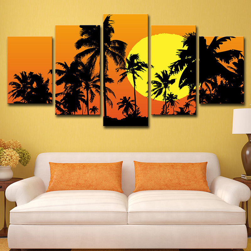 Brehn | Leinwand Orange Kunstdruck Tropische Supermond Nacht mit Palmen-Schatten Wanddeko