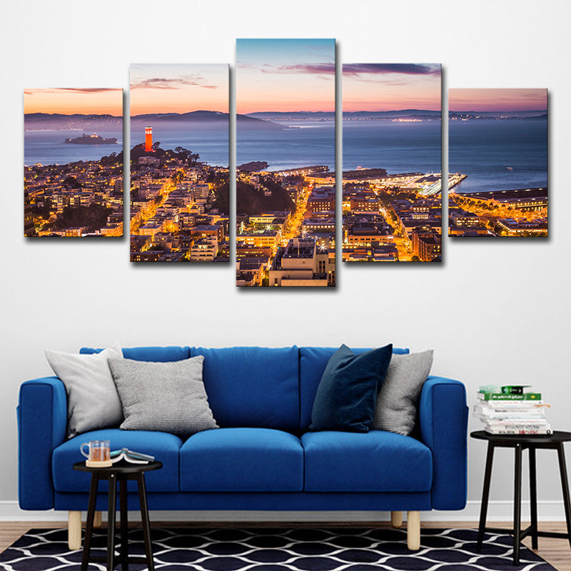 Brehn | Moderne Stadlandschappen Wandkunstprint Bruin Alcatraz Eiland bij Zonsondergang Canvas voor Thuis