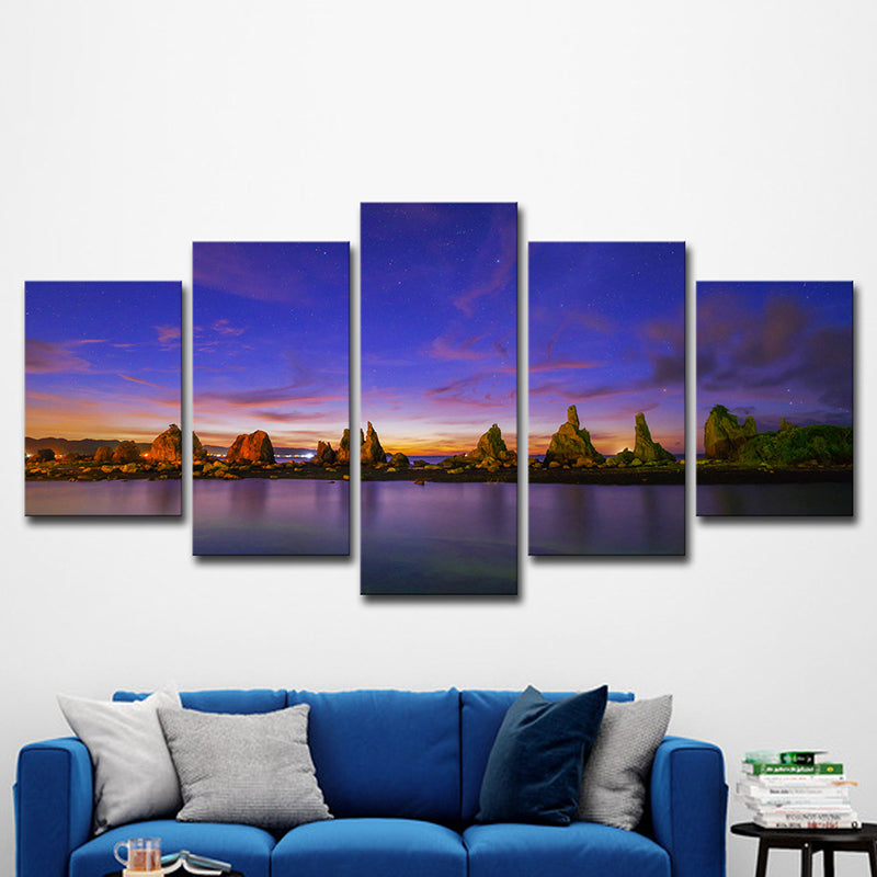 Brehn | Blaue Abendglühen Leinwand Riverside Rocks Szene Moderne Mehrteilig Wandkunst Druck