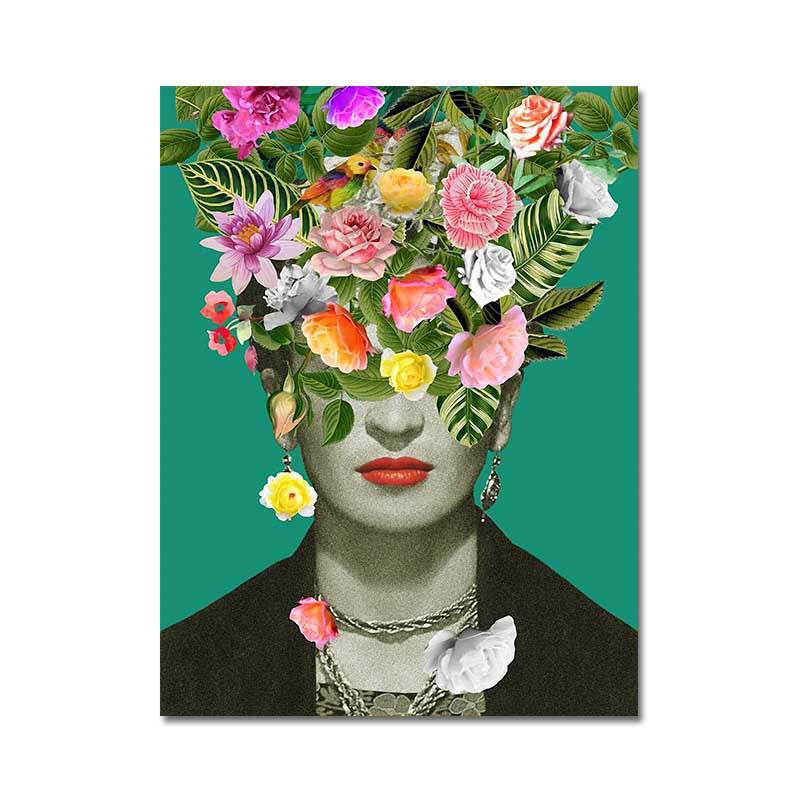 Brehn | Grüne Bohemian Stil Leinwand Frau mit Blumenkranz Wandkunst für das Wohnzimmer