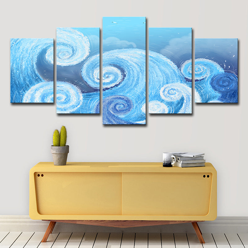 Brehn | Blaues Spiralgemälde Wandkunst Dekor Mehrteiliges Tropisches Wohnzimmer Leinwanddruck