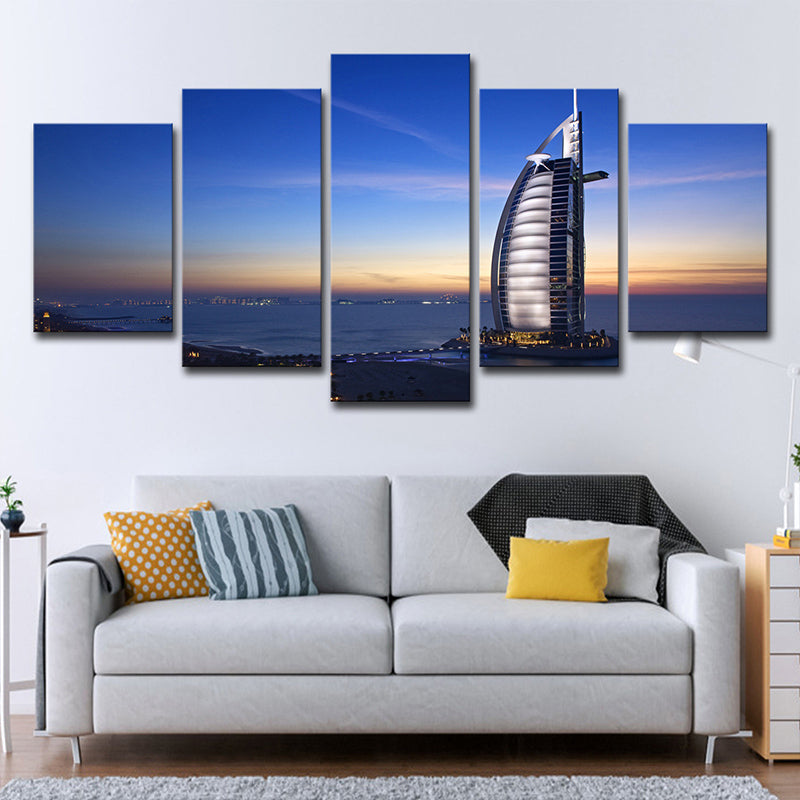 Brehn | Landmark Wandkunst Decor voor Kamer Burj Al Arab Hotel bij Zonsondergang Canvas in Blauw, Meerdere Stukken
