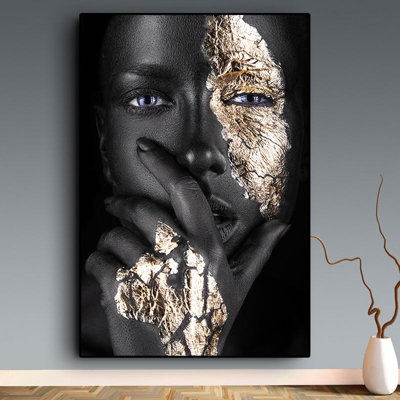 Brehn | Schwarz-Gold Frau Gesicht Canvas Druck Figur Glanz Texturierte Oberfläche Wand Kunst Dekor für Zimmer