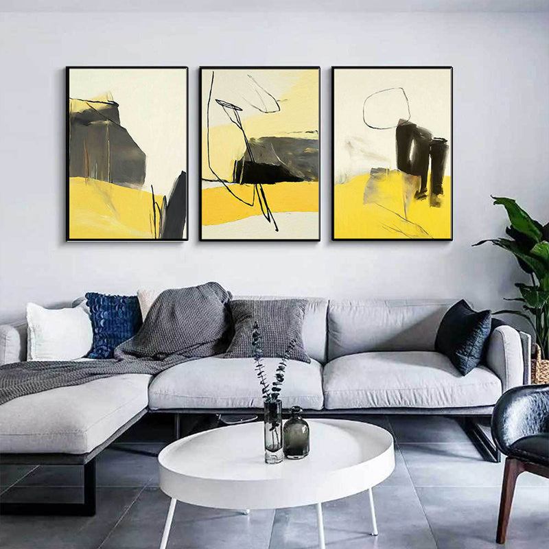 Brehn | Abstrakte Leinwand Wandkunst Zeitgenössische Texturierte Wanddekoration in Gelb und Schwarz für den Raum