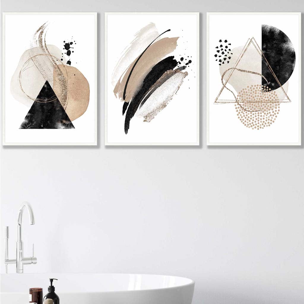 Abstraktes Set aus 3 Aquarell-Kunstdrucken in Schwarz und Beige