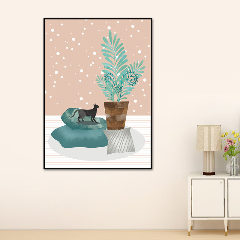 Brehn | Katze und Topfpflanze Kunstdruck Sanfte Farbige Leinwand Wanddekoration für das Wohnzimmer, Strukturierte Oberfläche