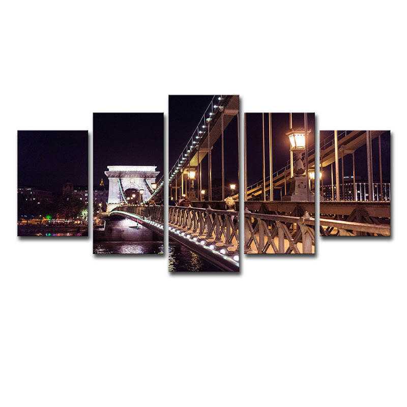 Brehn | Schwarze Szechenyi Kettenbrücke Leinwandkunst Nachtszene Moderne Mehrteilige Wanddekoration