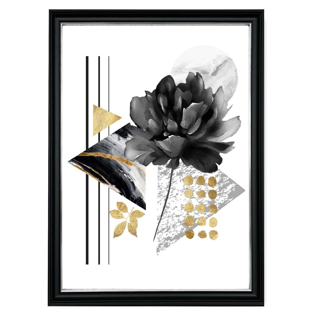 Abstraktes Blumenmotiv in Schwarz und Gold mit geometrischen Formen Nr. 1 – Wandbild