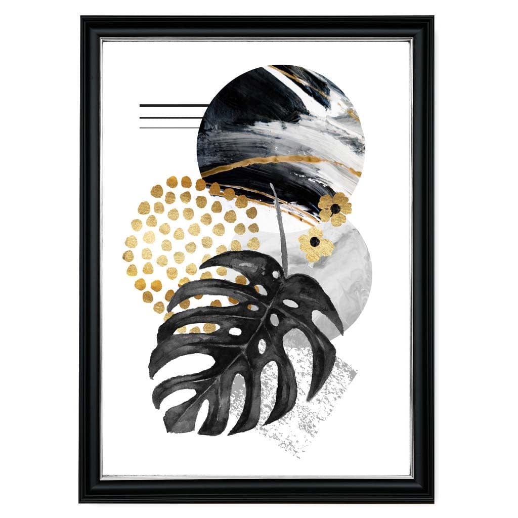 Abstraktes Wandbild mit schwarzen und goldenen Blättern und geometrischen Formen