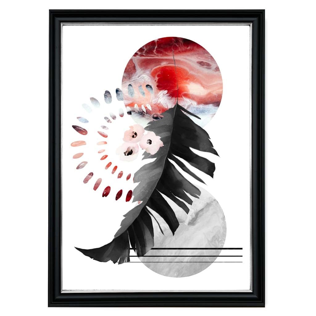 Abstraktes Blatt in Schwarz und Rot mit geometrischen Formen – Wandbild