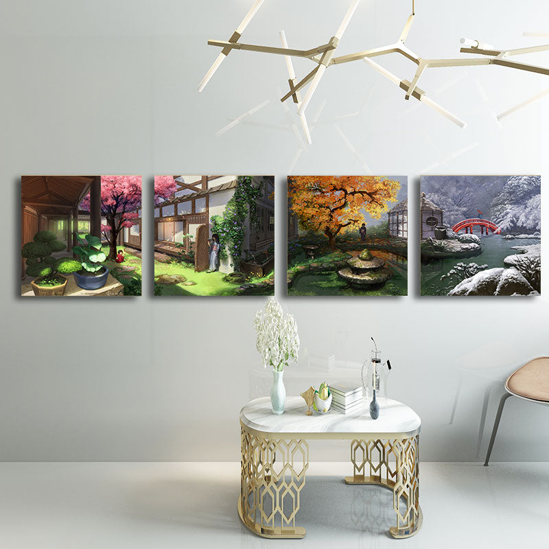 Brehn | Japanische Patio View Kunstdruck Leinwand Mehrteiliges Grünes Gemälde für Hausinterieur