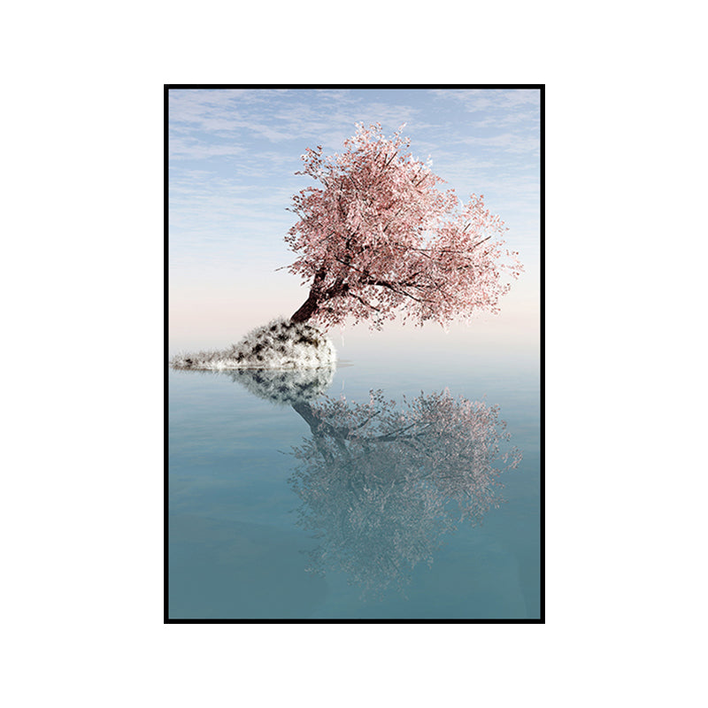 Brehn | Blossom Tree am See Kunstdruck Zeitgenössische Leinwand Wanddekoration in Pink für das Schlafzimmer