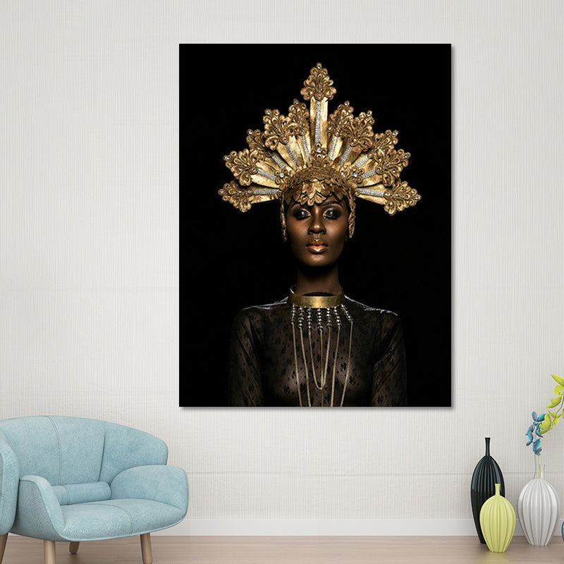 Brehn | Fashion Crowned African Woman Art Print Glam Canvas Wall Decoration in Gold and Black