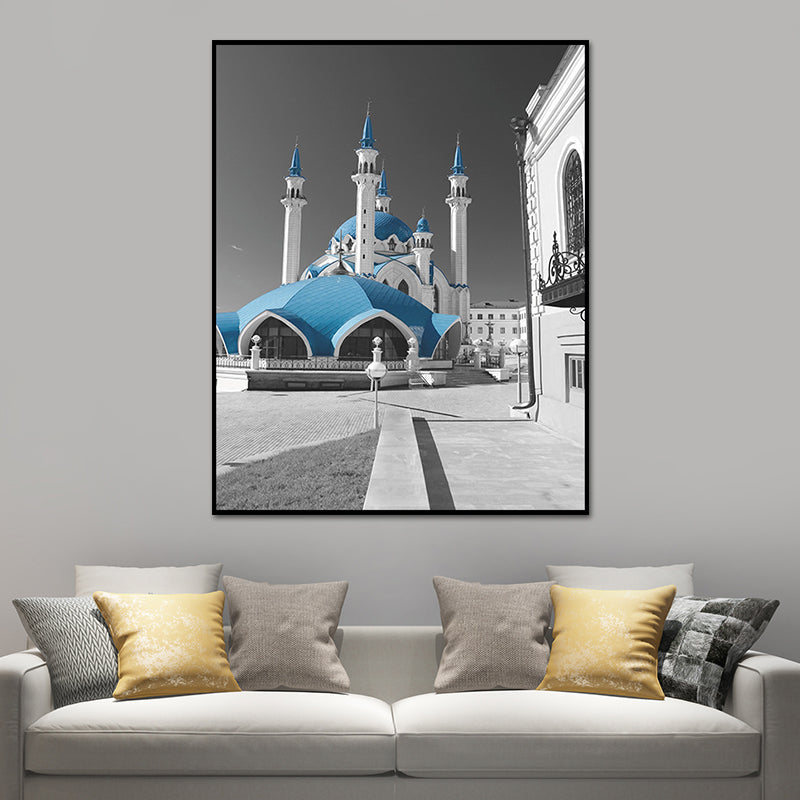 Brehn | Global Inspired Castle Wall Art Canvas Textured Blue Wall Decor for Sitting Room