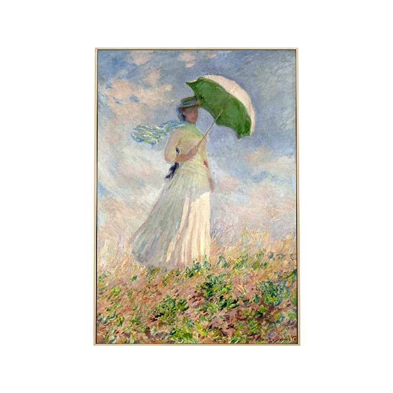 Brehn | Monet Gemälde Leinwanddruck für Zuhause Frau mit einem Sonnenschirm Wandkunst in Blau, Textur