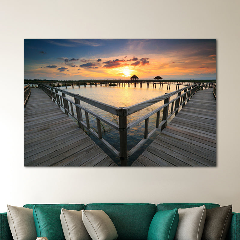 Brehn | Moderne Brücke und Landschaftsartprint Helle Farbige Texturierte Wanddekoration für das Wohnzimmer