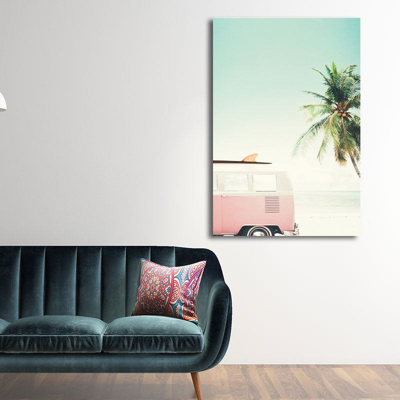 Brehn | Bus und Kokosbaum Leinwand Tropisches Texturiertes Wandkunst-Druck in Grün und Rosa für Raum