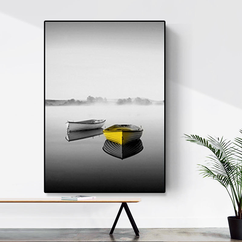 Brehn | Boot am Fluss Leinwanddruck für Schlafzimmer Fahrzeug Wandkunst Grau für Wohnkultur, mehrere Größen