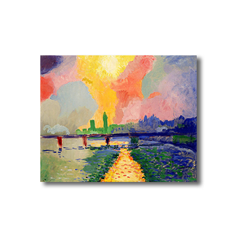 Brehn | Szenerie Leinwand Wandkunst Modern Atemberaubende Charing Cross Brücke mit Sonnenuntergangsstrahlung Gemälde in Pink