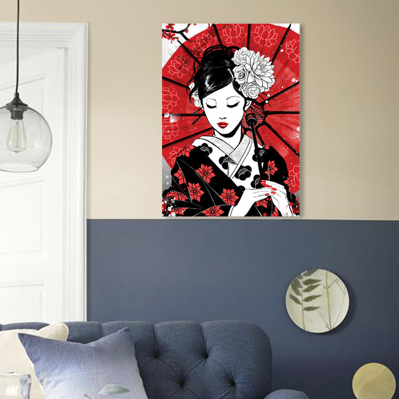 Brehn | Japanische Geisha mit Regenschirm Leinwand Rot Wohn Wandkunst Dekor für Wohnzimmer, Mehrere Größenoptionen
