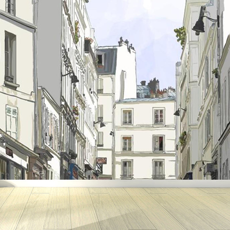 Brehn | Moderne Stadsstraat Uitzicht Muurschildering Niet-geweven Waterdichting Witte Wanddecoratie für Schlafzimmer