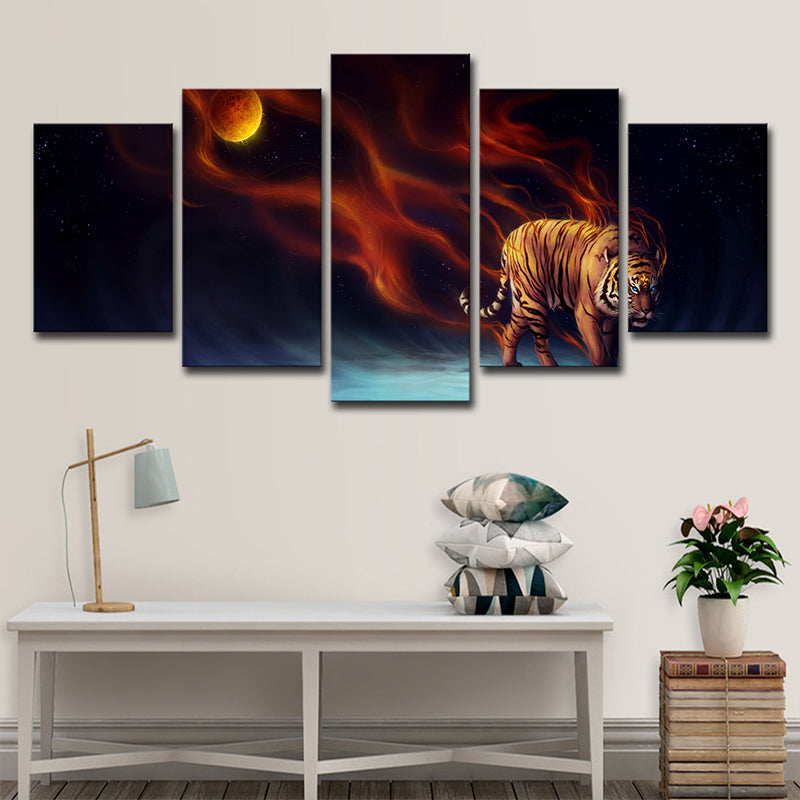 Brehn | Gelbe Mond Nacht Tiger Kunstdruck Mehrteilig Moderne Wohnzimmer Wanddekoration