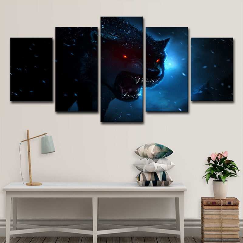 Brehn | Dunkelblauer Nachthemd Wolf Kunstdruck Mehrteilig Moderner Stil Jungenzimmer Wanddekoration