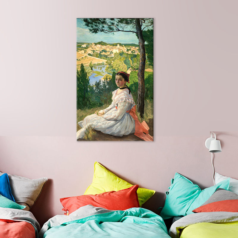 Brehn | Meerjungfrau im Feld Leinwanddruck Rustikaler Texturierter Wandkunst Deko in Grün für das Schlafzimmer