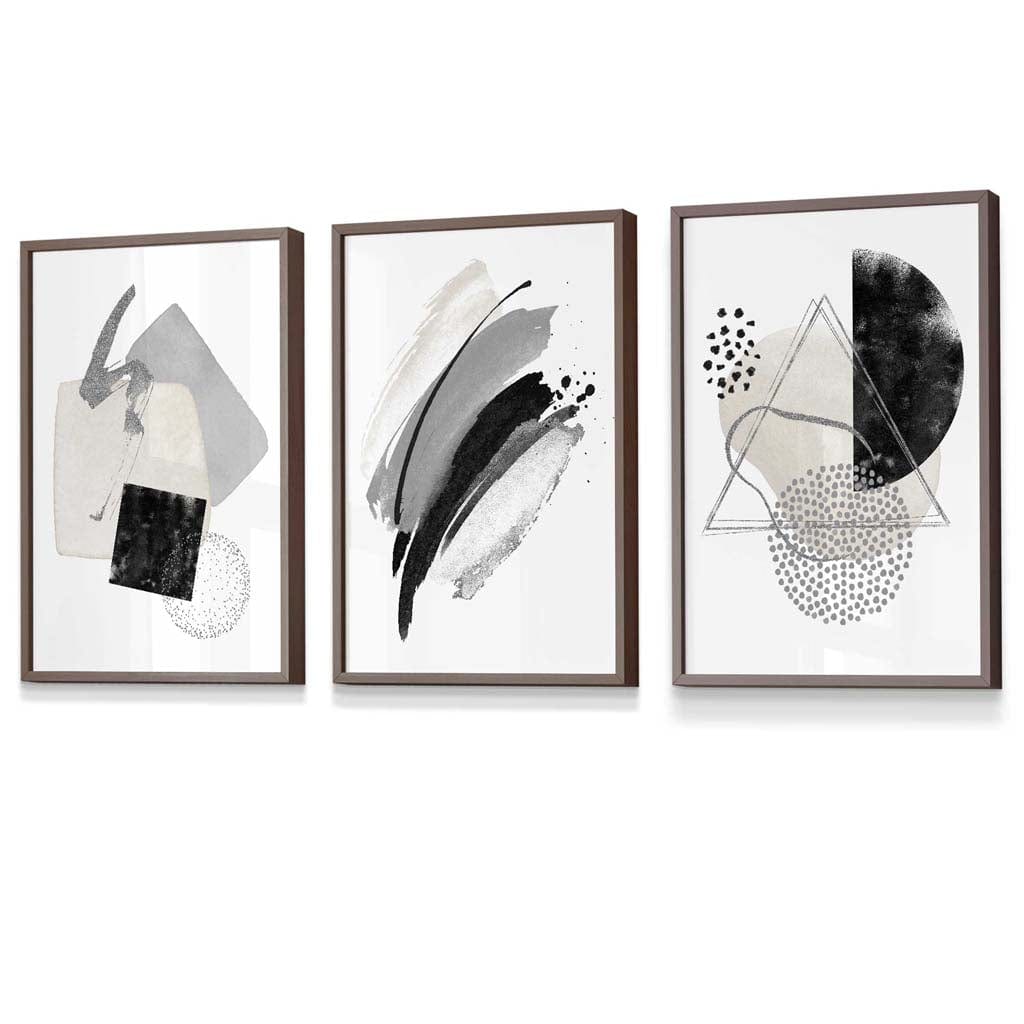 Abstraktes Set aus 3 gerahmten Kunstdrucken in Grau, Schwarz und Silber