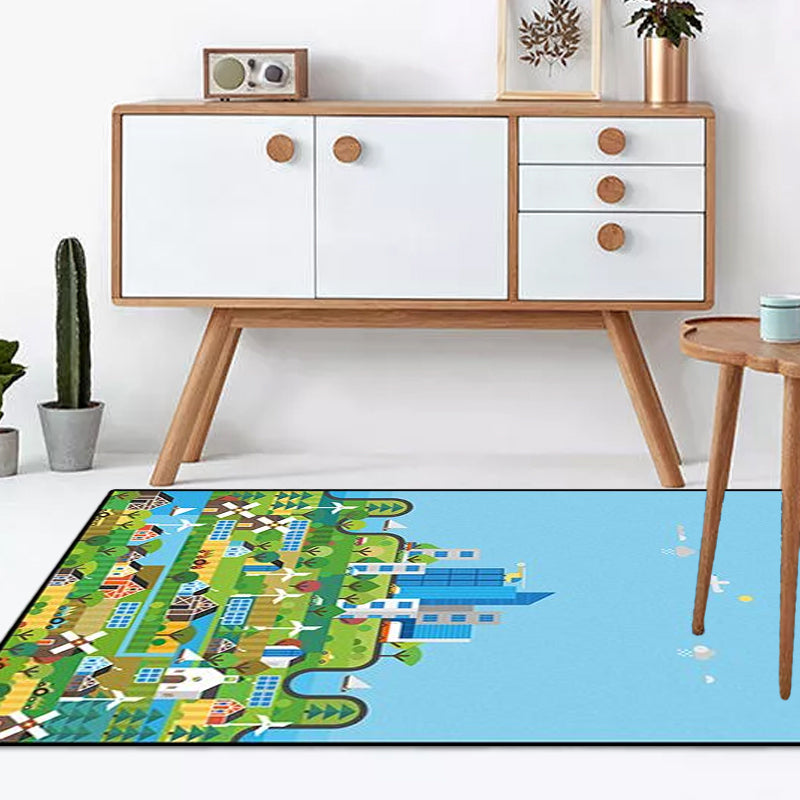 Brehn | Einzigartiges Bau-Design Teppich Blau Kinderteppich Polyester Waschbar Haustierfreundlich Rutschfester Teppich für Kinderzimmer