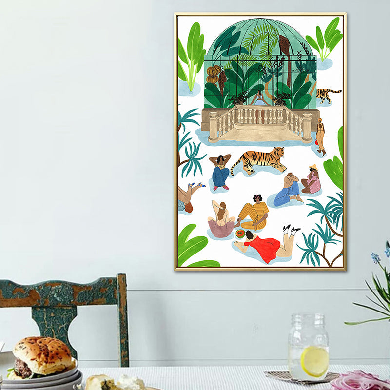 Brehn | Grüne Figuren und Tiger Gemälde Texturiert Nordic Stil Esszimmer Wanddekoration